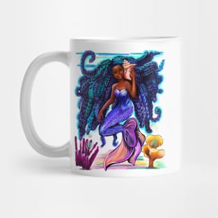 mermaid with flowing braids, sea shell, coral , brown eyes curly Afro hair and caramel brown skin Mug